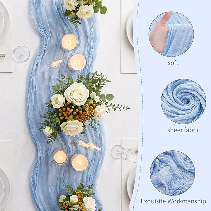 LemonRoad 4 Pcs 20ft Cheesecloth Table Runners Extra Long Boho Rustic Gauze Fabric Cheese Cloth Runner for Wedding Decorations Baby Shower Party Supplies Boho Table Bridal Shower Decor (Light Blue)