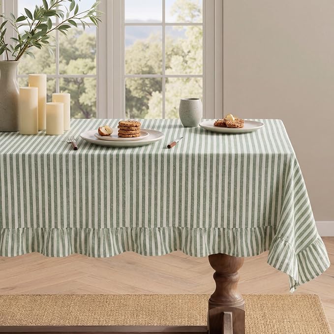Boao Cotton 52 x 70 Inch Farmhouse Ruffle Tablecloth Sage Green White Striped Flounces Trim Table Cover for Rectangle Table Kitchen Party Wedding Decor