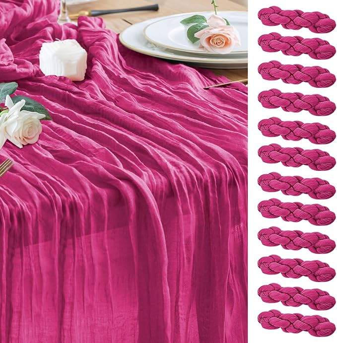 Wokceer Cheesecloth Table Runner 12Pack 10FT Fuchsia Boho Gauze Cheese Cloth Table Runner for Party Long Rustic Sheer Table Runners for Baby Bridal Shower Wedding Easter Table Decor
