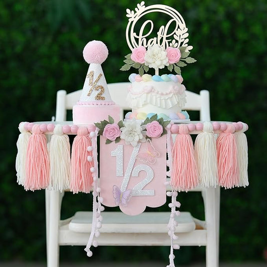 1/2 Birthday Decorations Pink Flower Half Way To One Baby Girl Decoration Half Birthday Hat cake Topper,6 Month Pastel Chair Banner,Happy Half Year Party Photoshoot Props