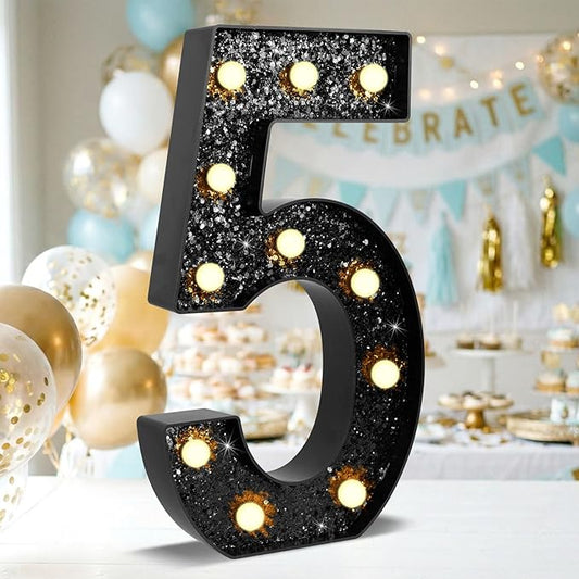 12.6 Inch LED Black Marquee Light Up Numbers, 5th Birthday Decorations Number Lights as Gifts for Girls Boys, Glitter Lighted Marquee Numbers for Black Anniversary Party Table Decor, 5