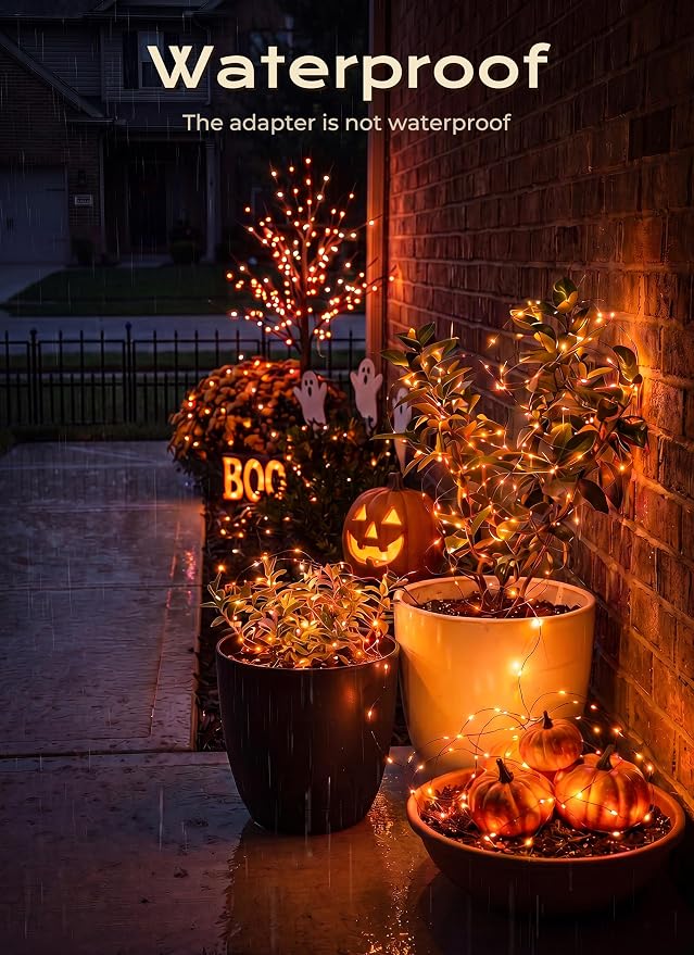Halloween Fairy Lights Plug in, 33Ft 100LEDs Orange Fairy Lights, Waterproof Flexible Black Wire String Lights for Bedroom Home Party Ghost Haunted House Indoor Outdoor Halloween Decorations, Orange