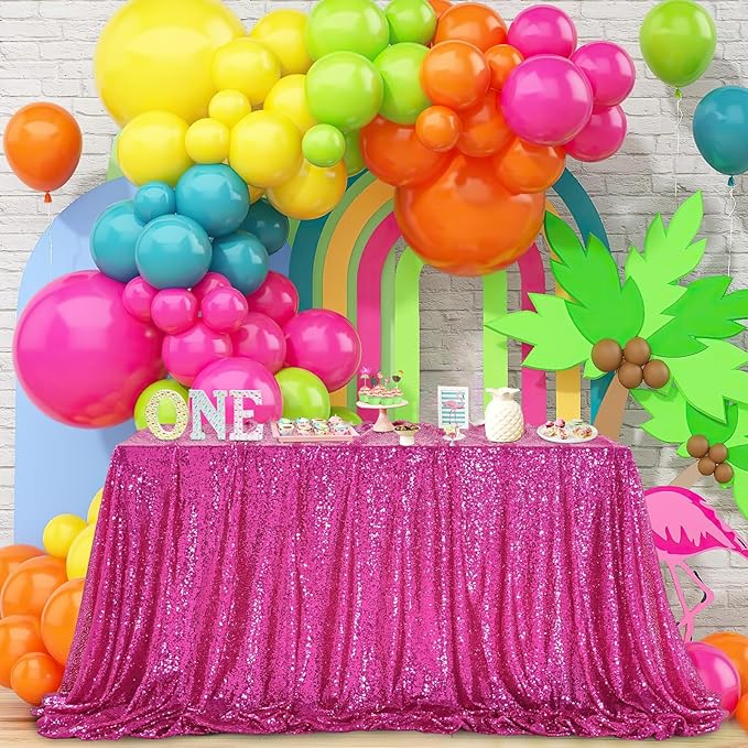 QueenDream Hot Pink Tablecloth 60 x 102 Inch Sequin Tablecloth Fuchsia Sparkly Tableclothfor Bridal Baby Shower Wedding Christmas Decorations