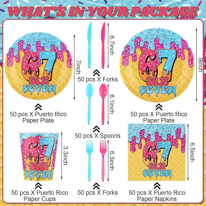 FoldTier 350 Pcs 67 Meme Party Supplies Plates Napkins Fork Paper Cup Ice Cream Disposable Six Seven Themed Tableware Set 6 7 Meme Birthday Party Decorations for Guest Dinner Serves 50