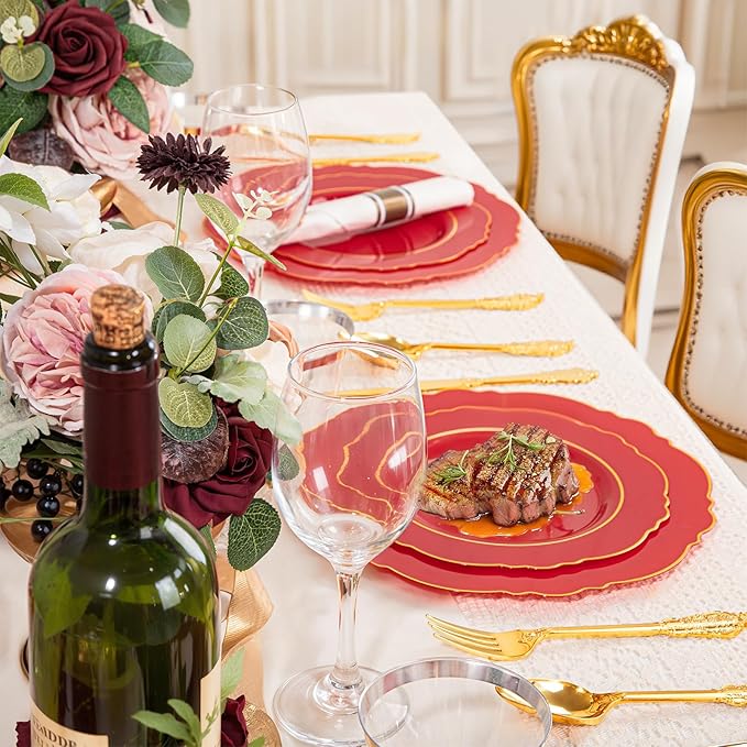 Liacere 175PCS Red Plastic Plates - Red Disposable Plates With Gold Rim -25Guest Baroque Plastic Dinnerware include 50Plates-25Pack Pre Rolled Napkins with Silverware 25Cups for Wedding & Mothers Day