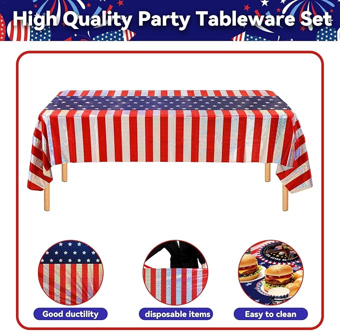 Iridescent USA 250 Years Anniversary Party Tableware Decorations Kit, Holographic Laser Plates(9”+7”), Sparkling Patriotic Tablecloth 9ft, Cups Napkins for 4th of July, Kids Birthday, Patriotic Party