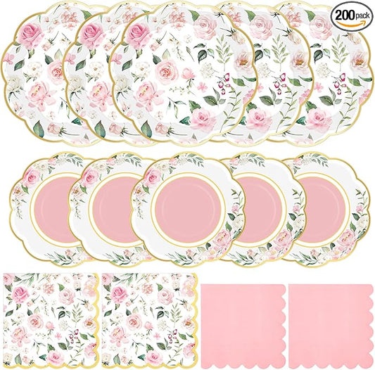Funnymoom 200 Pcs Wild Floral Party Supplies Pink Flower Disposable Paper Dinner Dessert Plates Luncheon Napkins Beverage Napkins for Wedding Birthday Baby Shower Bridal Tea Party Serves 50 Guests
