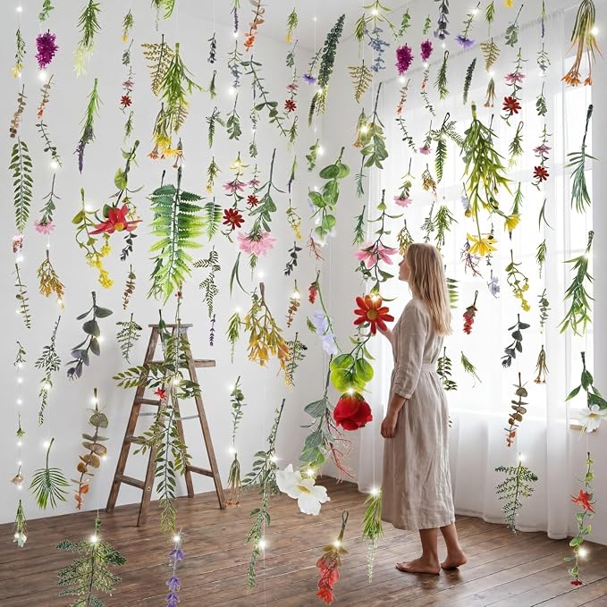 Suncalla 6 Pack 35.4ft Fake Flower Garland Backdrop with LED Lights Hanging Wildflower Floral Vine Decorations for Wedding Bridal Shower Birthday Baby Shower Party Backdrop(Fresh,Multicolor)