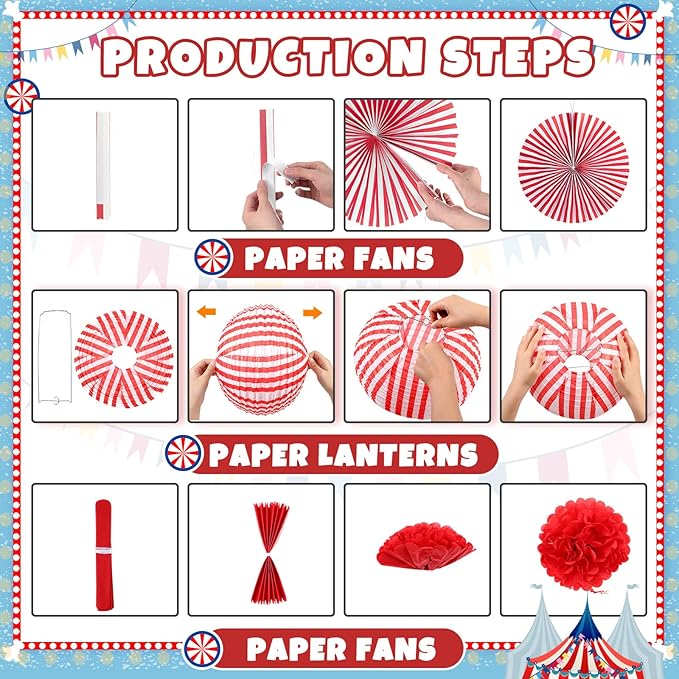 Hortsun 16 Pcs Carnival Circus Party Decorations Red and White Stripes Paper Lanterns Fans Paper Flowers for Carnival Circus Birthday Baby Shower Christmas Halloween Decoration 8/12/16 Inch