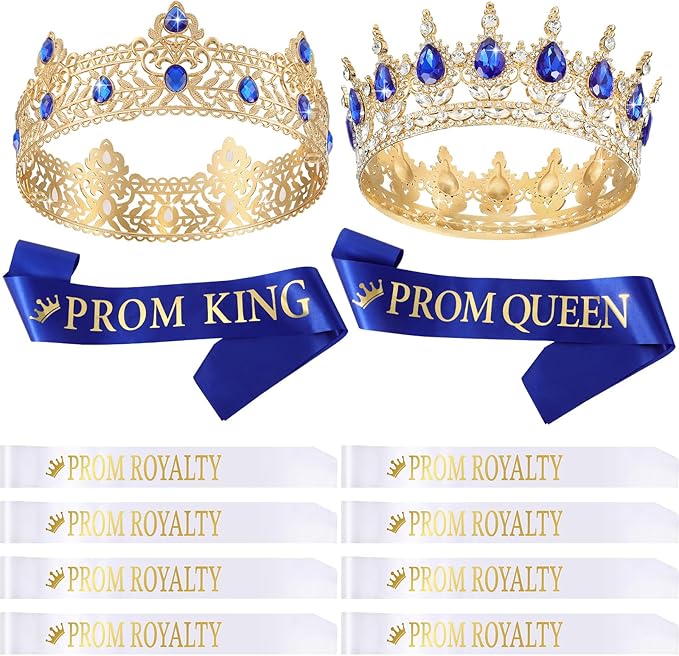 Saintrygo 12 Pcs Prom Crown and Sash Set, Prom King and Queen Tiara Rhinestone Crown Glitter Court Royal Satin Sash for 2026 Graduation Ball Dance Night Party Birthday Accessory(Blue,Elegant)