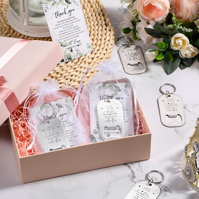 Reallnaive 50 Sets Wedding Gifts for Guests Cheers to Love Laughter and Happily Ever After Opener Beer Opener Keychain Bottle Opener Keychain Thank You Card Organza Bags Bridal Shower Souvenirs