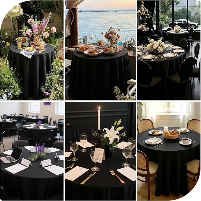 WIGENIUS 10 Pack Black Table Cloth Round Tablecloths 90 Inch,Polyester Table Cloth for 5 Foot Round Tables,Wrinkle Resistant Washable Fabric Table Covers for Party,Wedding Banquet