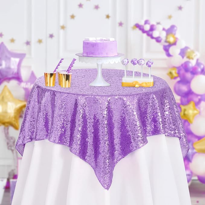 B-COOL Sequin Tablecloth Party Decoration: Romantic Sparkly Party Tablecloth Glitter Table Overlays for Wedding Sequin Overlay for Ceremony Lavender 50x50inch Square
