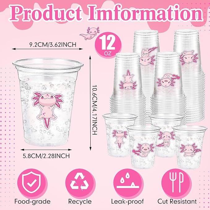 Funnymoom 60 Pack Pink Axolotl Birthday Decoration Cups 12 oz Cute Cartoon Animal Disposable Clear Plastic Drinking Cups for Reptile Animals Themed Birthday Baby Shower Party Decorations Supplies