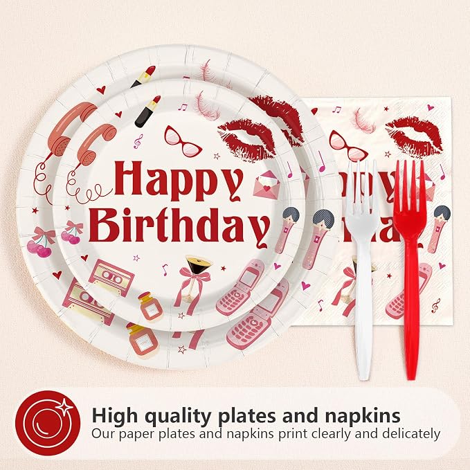 96Pcs Music Singer Happy Birthday Decorations Red lip Pink Bow Y2k Plates and Napkins Disposable Red Music Lovers Paper Tableware for Girls Women Singer Fans Birthday Bday Party Supplies Serves 24