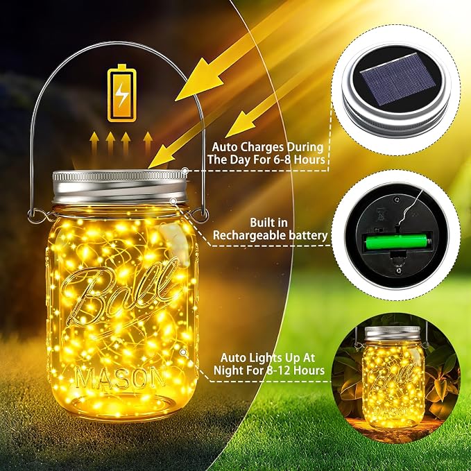 Mason Jar Solar Lights for Outside, 12 Pack 30 LED Fairy Firefly Lights Mason Jar Solar Lids Outdoor Waterproof String Lights with Hangers(NO JARS) for Patio Garden Yard Lawn Decor - Warm White