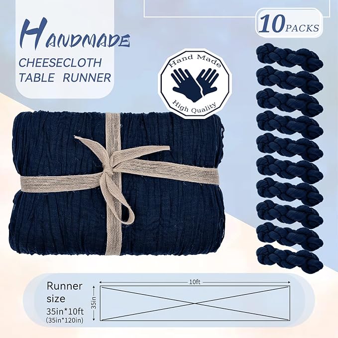 10 Packs Cheesecloth Table Runner Navy Blue, 35x120 inch Dark Blue Rustic Gauze Boho Wedding Table Runner Decoration, Wedding Table Decor Table Cloth for Wedding Party Bridal Shower Table