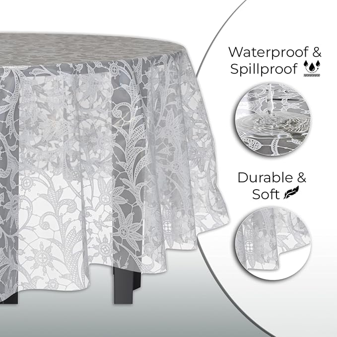 Exquisite Lace Table Cloth Round Table Plastic 12-Pack Lace Tablecloth 84 | White Floral Tablecloth Disposable | Wild Flower Party Decorations & Party Supplies