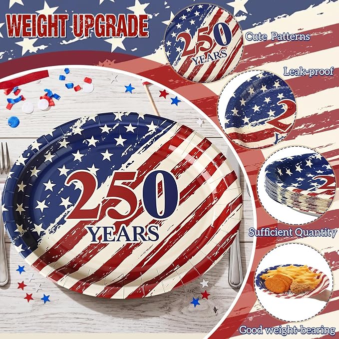 Vesici 150 Pcs 250th Anniversary Oval Paper Plates and Napkins Set 10'' x 12'' Large USA 4th of July Tableware Patriotic Disposable Paper Plate Cup Napkin Independence Memorial Day Party Supply