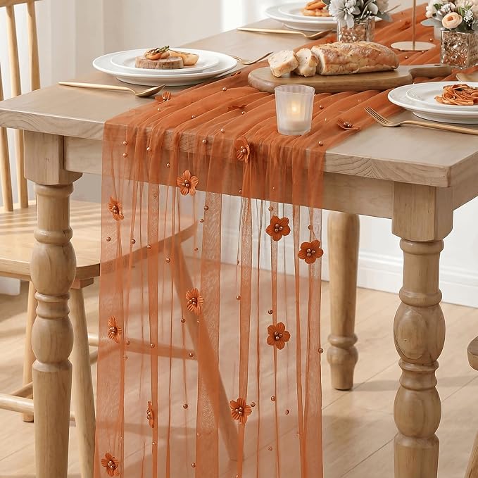 Artoid Mode Caramel Flower Pearl Pink Gauze Table Runner 10FT, Seasonal Sheer Dining Holiday Wedding Birthday Baby Shower Table Decor for Home Party