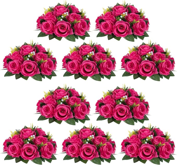 NUPTIO Flower Ball for Table Centerpieces: 10 Pcs Hot Pink Artificial Rose Kissing Balls for Wedding Party Valentine Tables - Faux Silk Floral Arrangements for Home Dining Event Decorations