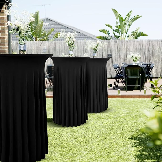 6 Packs Round Cocktail Table Skirt 32"x 43" Spandex Stretch Cocktail Tablecloth with Wavy Drapes, Black Spandex Fitted High Top Table Covers for Wedding Bar Party Birthday Banquet Table