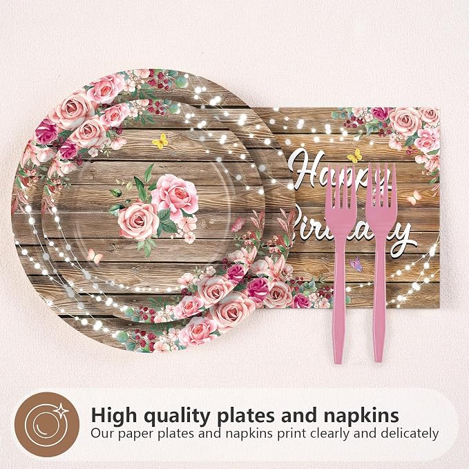 96Pcs Wooden Birthday Party Supplies Wooden Butterfly Happy Birthday Plates and Napkins Wood Grain Pink Rustic Tableware Set for Girls Floral Baby Shower Party Decorations Serves 24