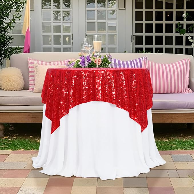 Poise3EHome Red Sequin Tablecloth 50×50 Inch Square Sequin Fabric Table Cover Overlay for Valentine Christmas Baby Shower Birthday Party Wedding Holiday Cake Table Decoration