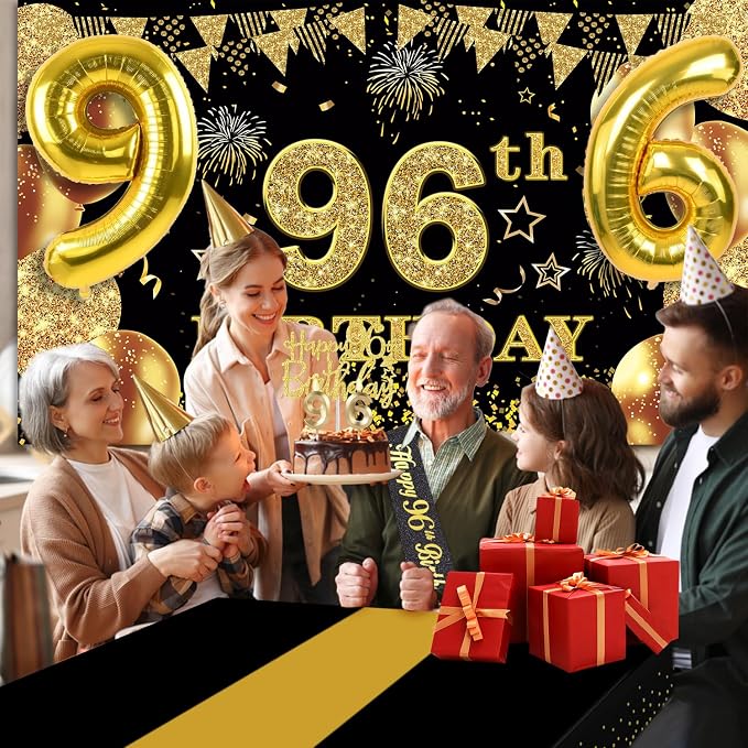 96th Birthday Decorations Men Women with 96th Birthday Banner, Black and Gold Table Cloth, Number Balloons, Large Sash, Cake Topper and Candles
