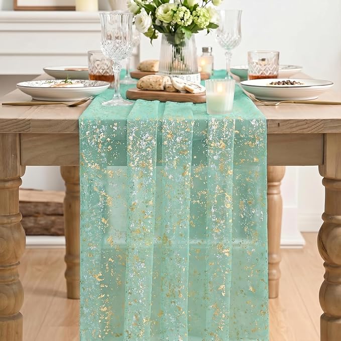 Artoid Mode 10Pcs Turquoise Gauze Gold Table Runner 10FT, Glitter Metallic Foil Sheer Dining Wedding Anniversary Holiday Table Decor for Home Party