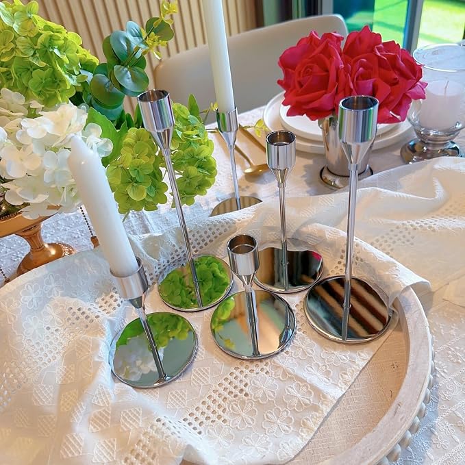 Silver Taper Candle Holders for Wedding Table Centerpiece,Tall Taper Candlestick Holders Bulk Set of 6,Metal Candle Stick Holders for Dinning or Mantel Centerpiece,Party Home Decor