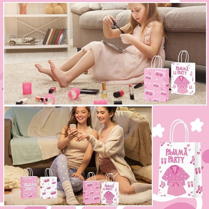 Outus 24 Pcs Sleepover Party Paper Bags Pink Slumber Glamper Pajama Favor Bags with Handle for Birthday Sleepover Breast Cancer Awareness Party Favors