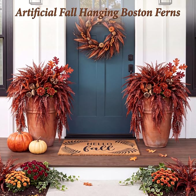 Daifunli 24 Pcs Artificial Fall Hanging Plants Fake Hanging Ferns Plastic Autumn Faux Plants for Wall Room Garden Garland Indoor Outdoor Decor No Basket (Fall Boston)
