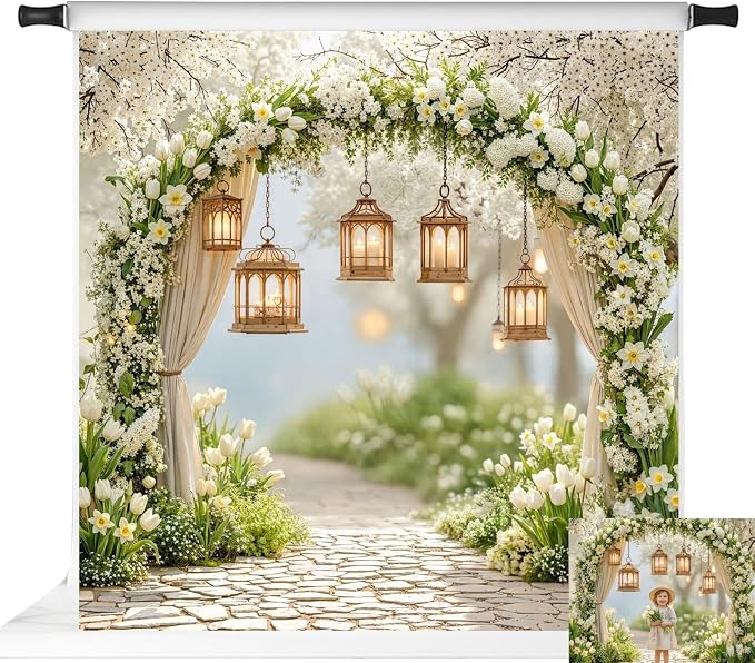 Kate Spring Flower Arch White Blossoms Lanterns Photo Backdrop, 8x8ft | Features Spring Flower Arch White Blossoms Lanterns Pathway; Photo background for spring portraits and seasonal photography.