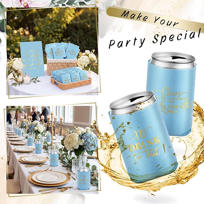 SiliFine 101 Pcs Blue Wedding Can Cooler Bulk Engagement Party Favors for 100 Guests Cheers to Love Laughter, and I'll Drink Can Cooler with Wooden Wedding Table Sign Bridal Shower Favor