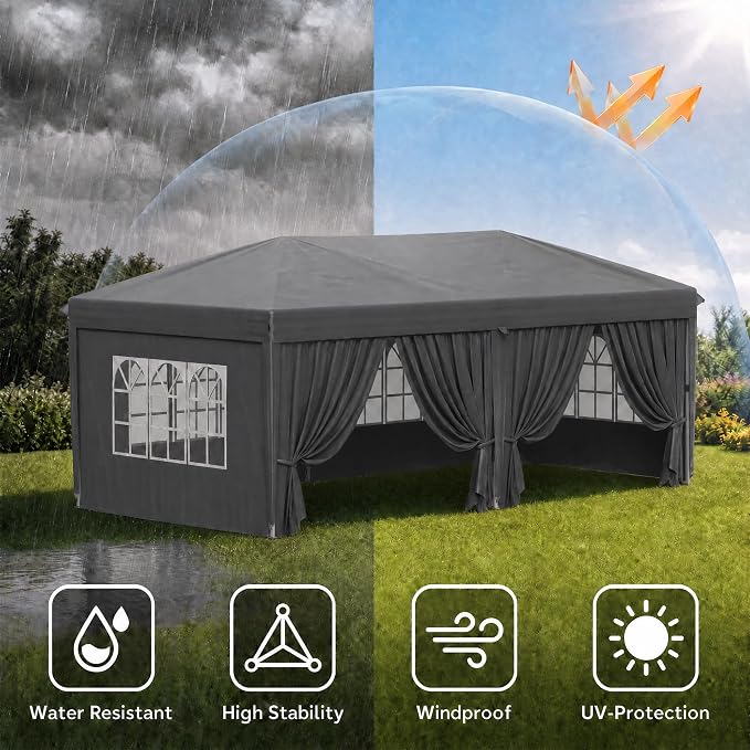KIGOTY 10x20 FT Portable Pop Up Canopy Tent, Adjustable Height Instant Gazebo with Sidewalls,Sandbags, Waterproof Outdoor Canopy for Camping, Parties, Vendor Events (Grey, 3m × 6m with sidewalls)