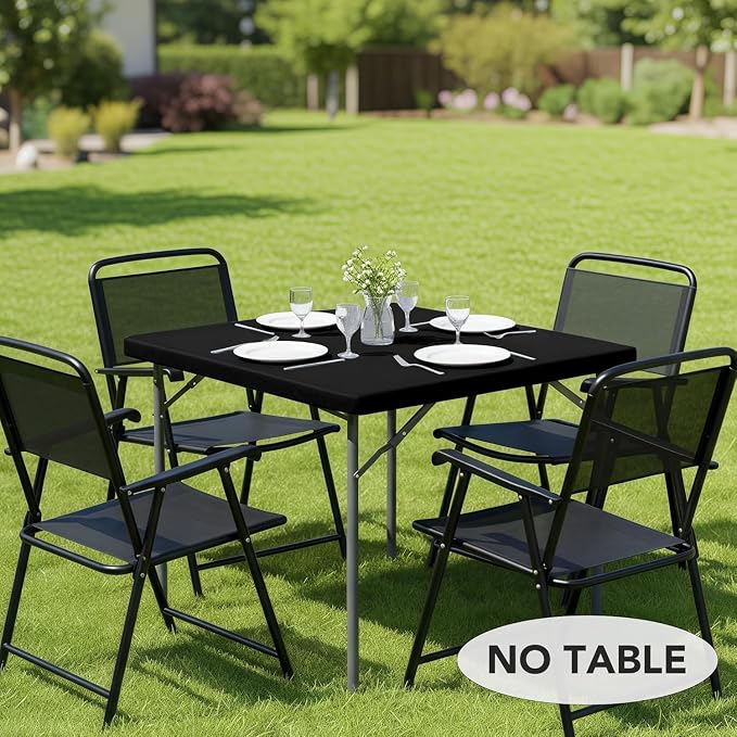 LUSHVIDA Vinyl Card Tablecloth with Flannel Backing 36x36 inch - Waterproof Plastic Picnic Table Cover for Square Folding Table Cloth with Elastic Corners, Black