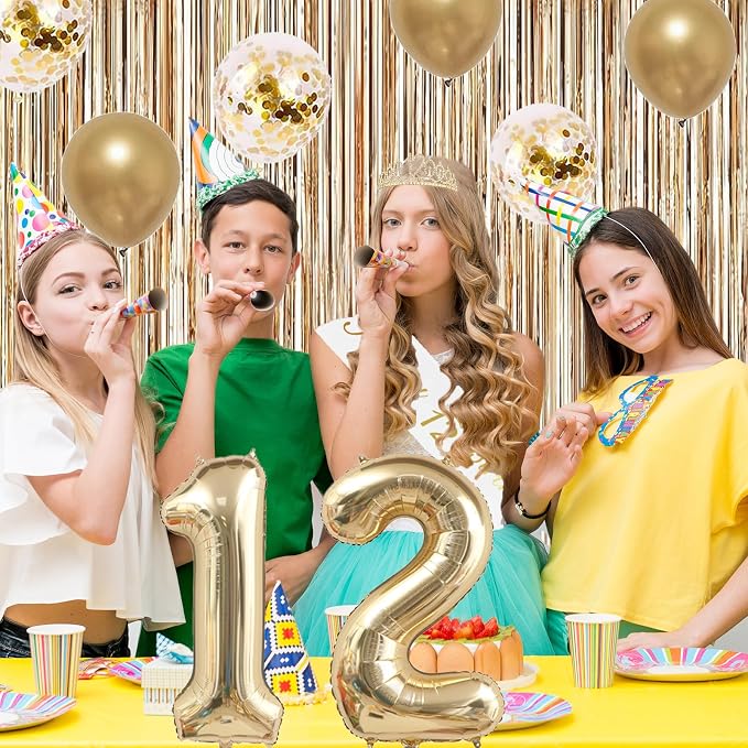 Trgowaul 12th Birthday Decorations for Girls, Banner, Sash and Crown, Cake Topper, 12 Number Balloon, Fringe Curtains, Champagne Gold 12th Birthday Party Supplies