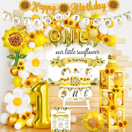 Hombae Sunflower First Party Decorations, 132 PCs Sunflower 1st Birthday Decorations Backdrop Balloon Garland Monthly Photo Highchair Banner Cake Cupcake Topper Box Cutout Crown Poster Headband