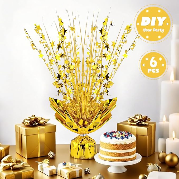 6 Pack Metallic Foil Spray Centerpiece Star Table Decoration Burst Table Centerpieces for Birthday Weddings Anniversaries Christmas New Year Holiday Party Supplies Decor (Gold)