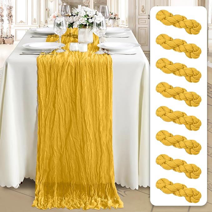 Cheesecloth Table Runner 8 Pack – 35x120 Inch (10ft) Boho Rustic Gauze Cloth Runners – Crinkle Polyester Table Decor for Wedding, Baby Shower, Bridal Shower, Birthday Party and More (Gold Yellow)