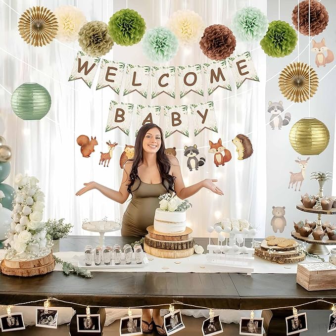 Kriyokiaa Woodland Baby Shower Decorations 15 Pcs Baby Shower Decorations with Welcome Baby Banners Paper Lantern Paper Flower Pom Poms Perfect for Indoor & Outdoor Celebrations