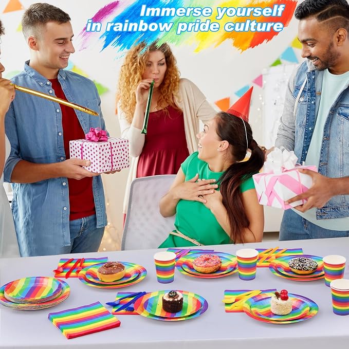 192 Pcs Rainbow Pride Paper Plates Napkins Cups Set, Pride Party Supplies Decorations Serve 25 Guests, Gay Lgbt Disposable Tableware Set