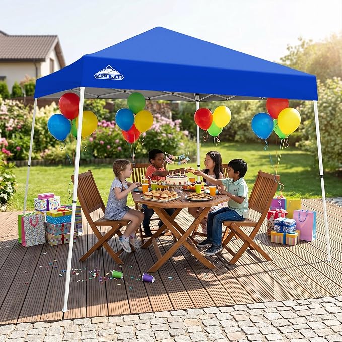 EAGLE PEAK 10x10 Slant Leg Pop-up Canopy Tent Easy One Person Setup Instant Outdoor Beach Canopy Folding Portable Sports Shelter 10x10 Base 8x8 Top (Blue)