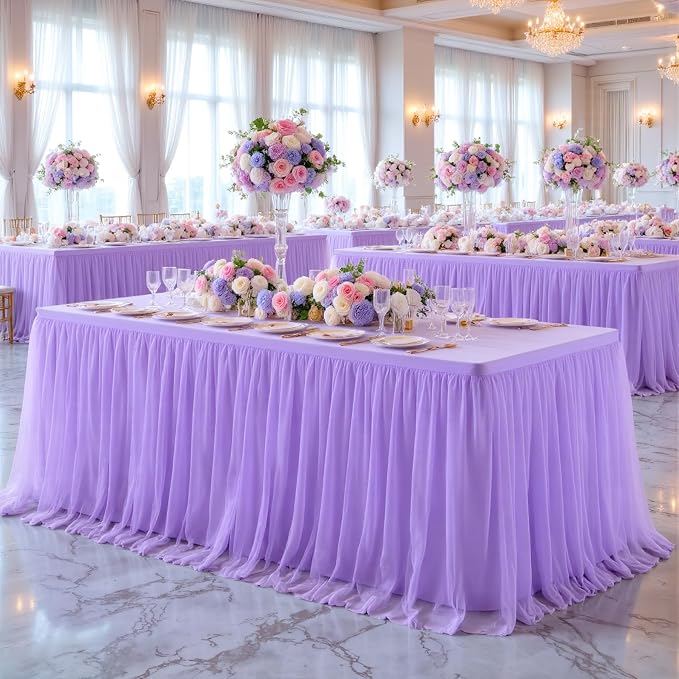 Suppromo 4 Pack 8ft Lavender Tulle Tablecloths for Rectangle Tables 8 Foot Rectangular Table Cloth Wrinkle Free Table Cover with Tutu Skirt for Wedding Baby Shower Birthday Party Banquet Buffet Cake