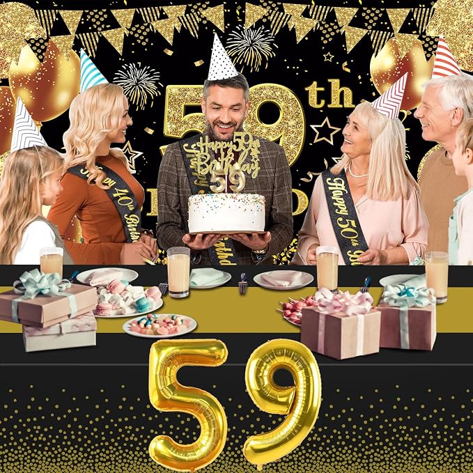 59th Birthday Decorations Men Women with 59th Birthday Banner, Black and Gold Table Cloth, Number Balloons, Large Sash, Cake Topper and Candles