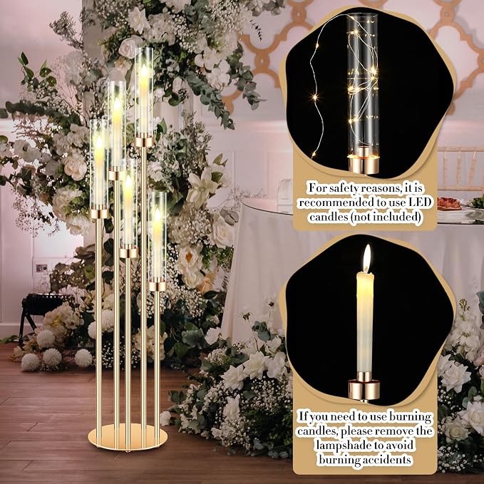 Tandefio 8 Sets Acrylic Candelabra Centerpieces 42.5" Tall Clear Candle Holders Pillar Taper Candlestick with Lampshades 5 Arm Floor Candelabra Stand for Wedding Christmas Ceremony Dinner Party