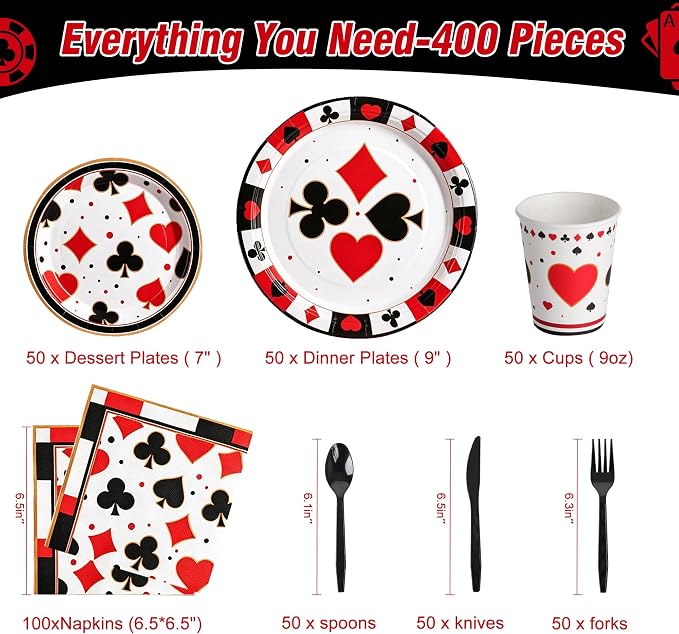 400 Pcs Disposable Casino Tableware Set for 50 Guests | Heavy-Duty 7" & 9" Paper Plates, Cups, 13" Napkins & Plastic Cutlery for Casino Night Vegas Game Night Poker Party Supplies