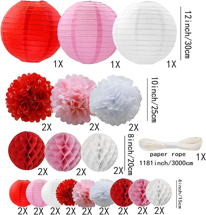 WOLHOWLTD Red Pink Paper Decoration Set - 33 Pcs Paper Lanterns, Pompoms, Honeycomb for Love Wedding,Valentine's,School Day,Bridal Shower,Birthday Party,Home Garden Decoration(red Pink White)