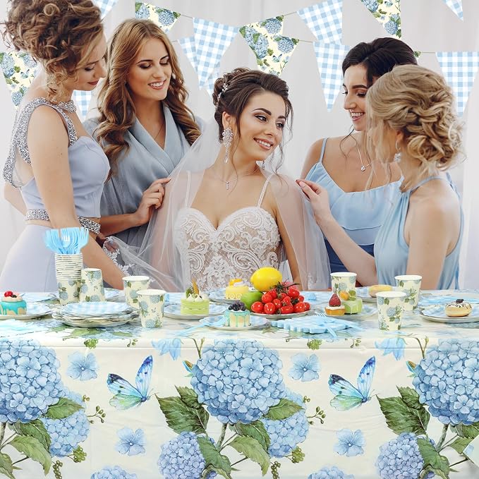 LemonRoad 128 Pcs Blue Hydrangea Party Decorations for 25, Blue and White Hydrangea Floral Checkered Paper Plates Napkins Cups Tablecloth Forks Banner for Bridal Baby Shower Birthday Tea Party Supply